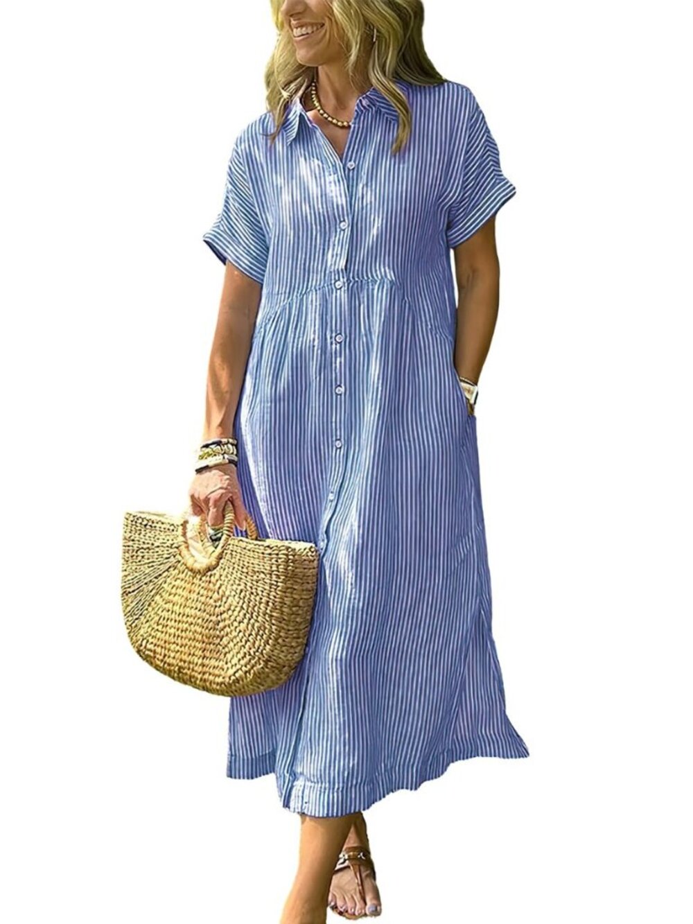 Women's Boho Striped Shirt Dress Button Up Side Slit Loose Mid Long Cotton Dress